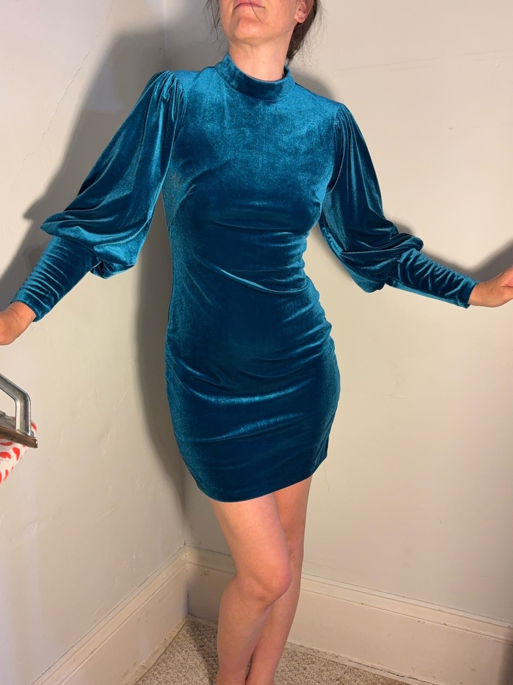 Aidan Mattox dress stretch velvet deep teal peacock blue velour